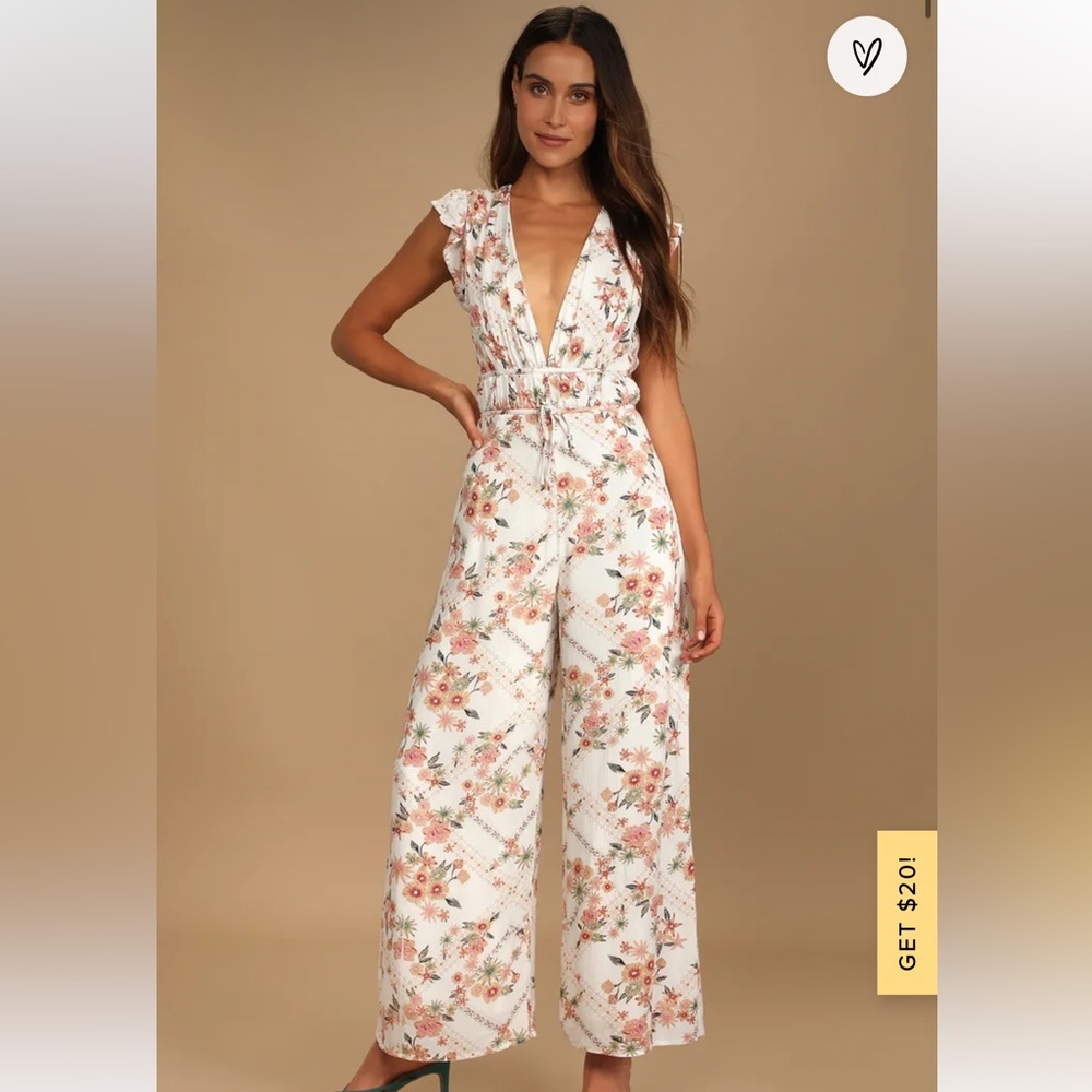 Lulus Bound to Blossom White Floral Print Tie-Back Wide-Leg Jumpsuit